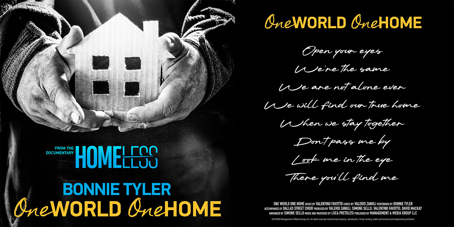 artwork for the song One World One Home performed by Bonnie Tyler, from the documentary Homeless by Valerio Zanoli